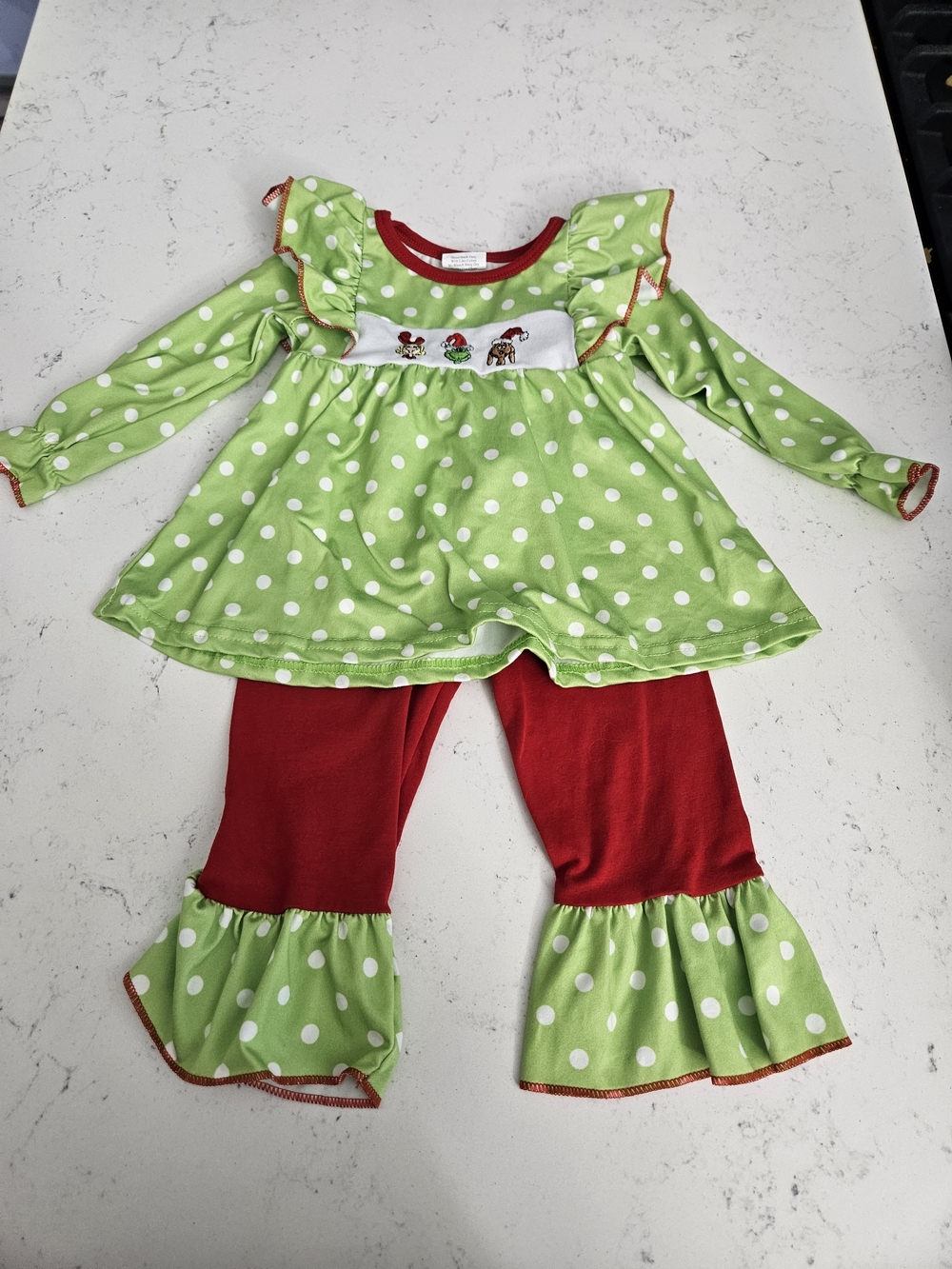Green Grinch Polka Dot Holiday Two-Piece Costume Set with Red Pants